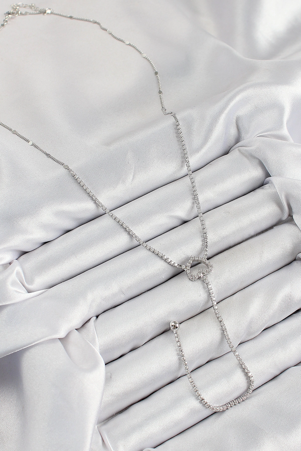 Pirinç Zirkon Taşlı Kalp Model Gümüş Renk  Y Kolye