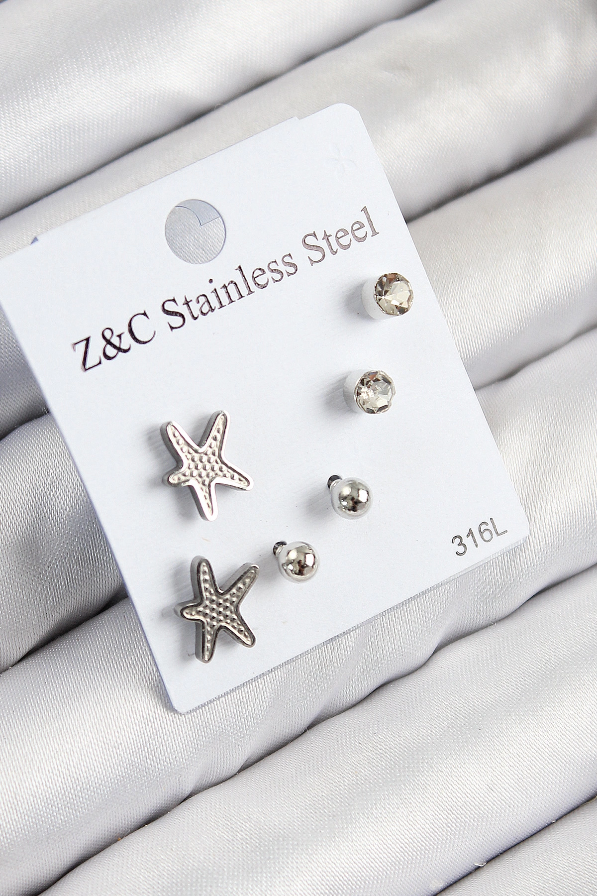 316L Çelik Zirkon Taşlı Deniz Yıldızı Model Gümüş Renk Kadın Set Küpe