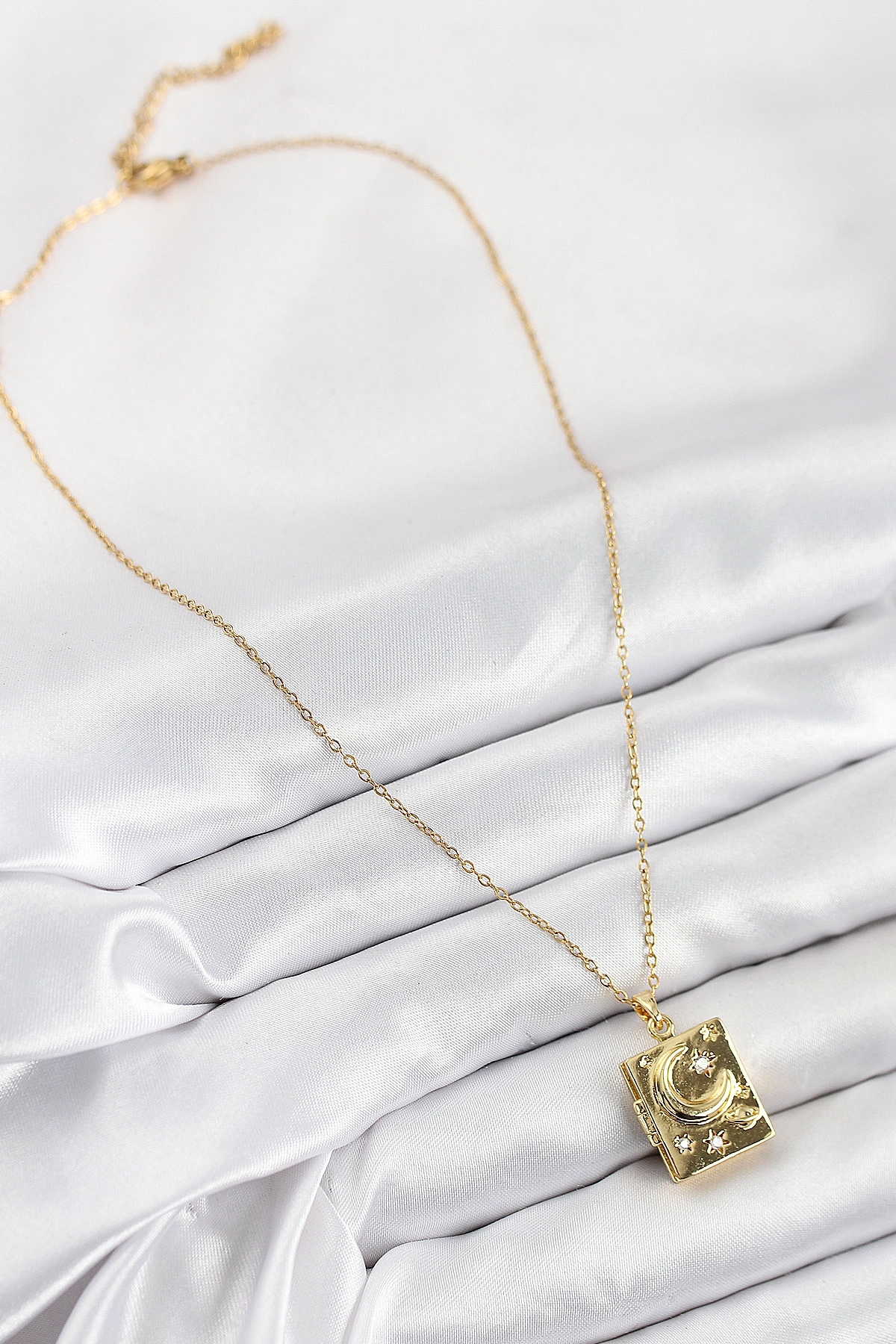 316L Çelik Zirkon Taşlı Açılabilr Kapaklı Kitap Model Gold Renk Kadın Kolye