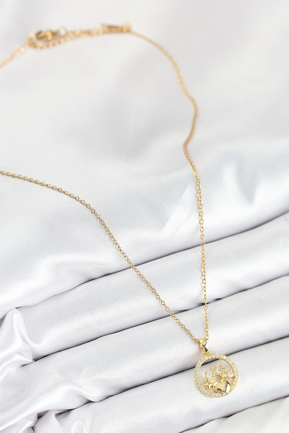 316L Çelik Zirkon Taşlı Yıldız Ve Kalp Model Gold Renk Kadın Kolye