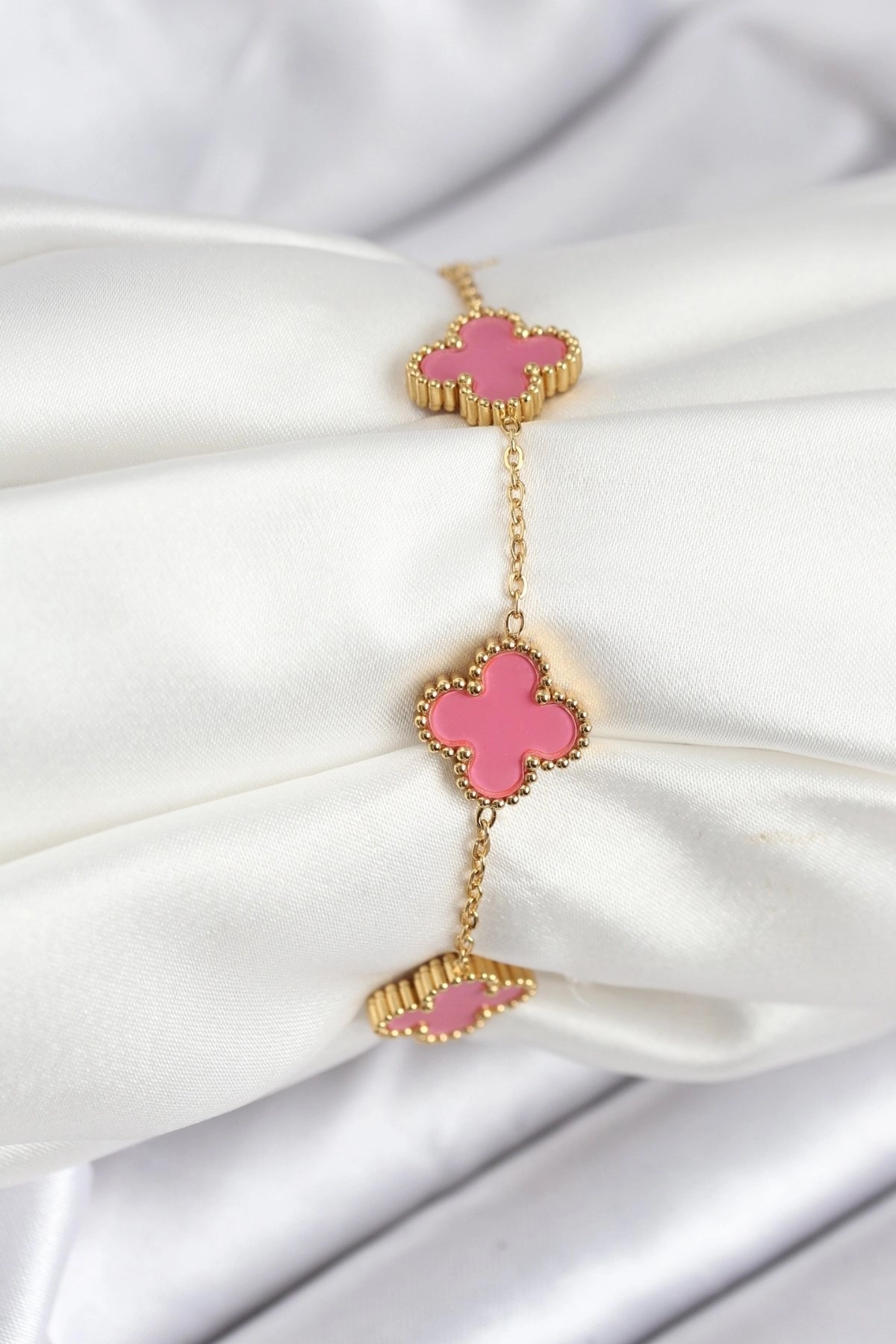 316L Çelik Gold Zincir Pembe Yonca Renk Bileklik