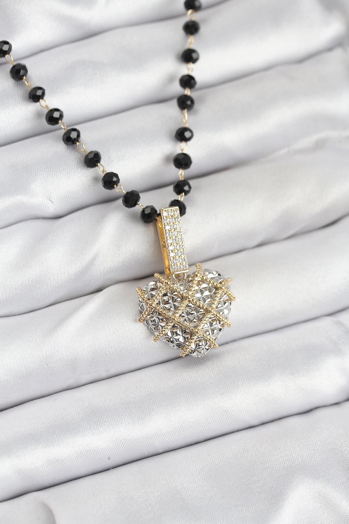 316L Çelik Zincir Kristal Boncuklu Kalpli Kadın Kolye