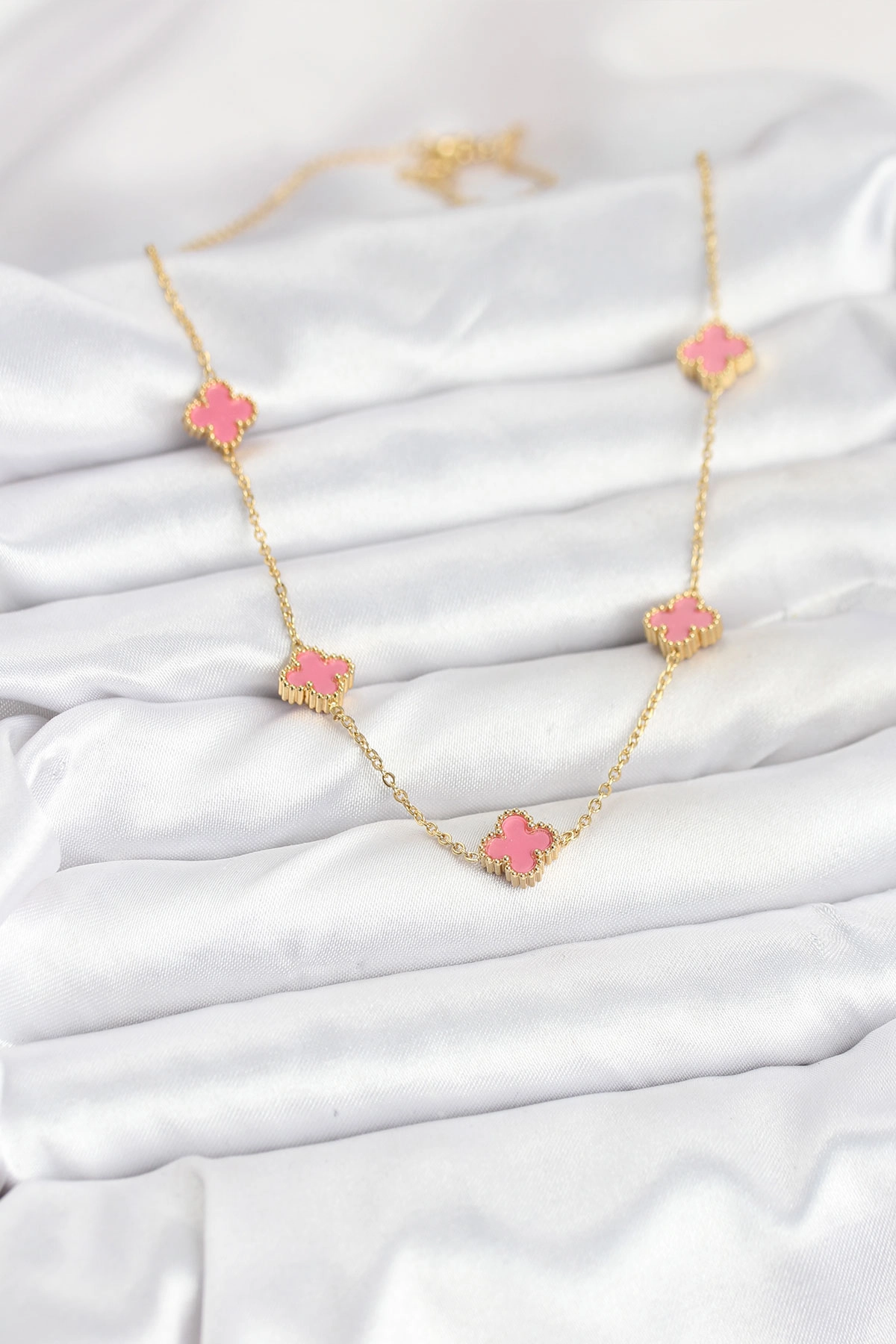 316L Çelik Zincir Gold Renk Pembe Baby Boy Yonca Kadın Kolye