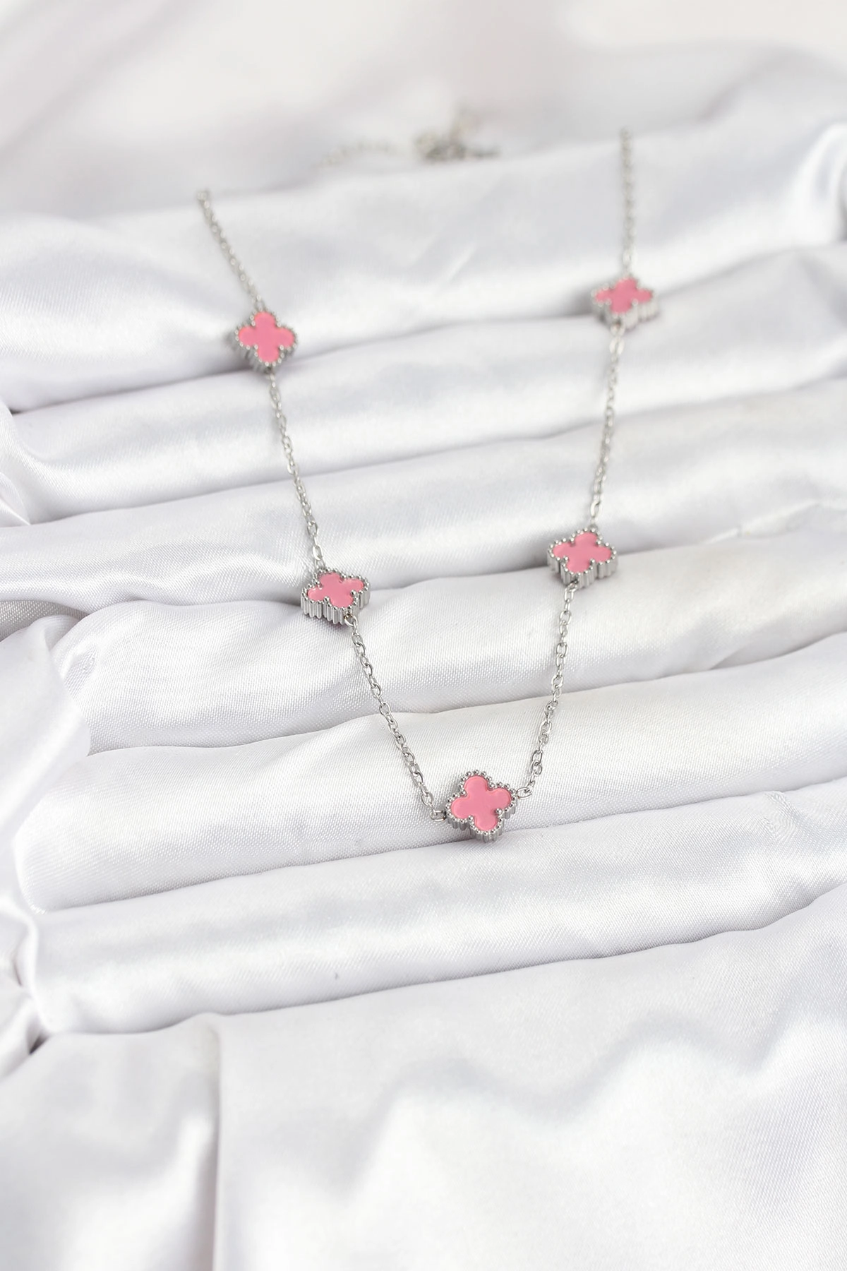 316L Çelik Zincir Gümüş Renk Pembe Baby Boy Yonca Kadın Kolye