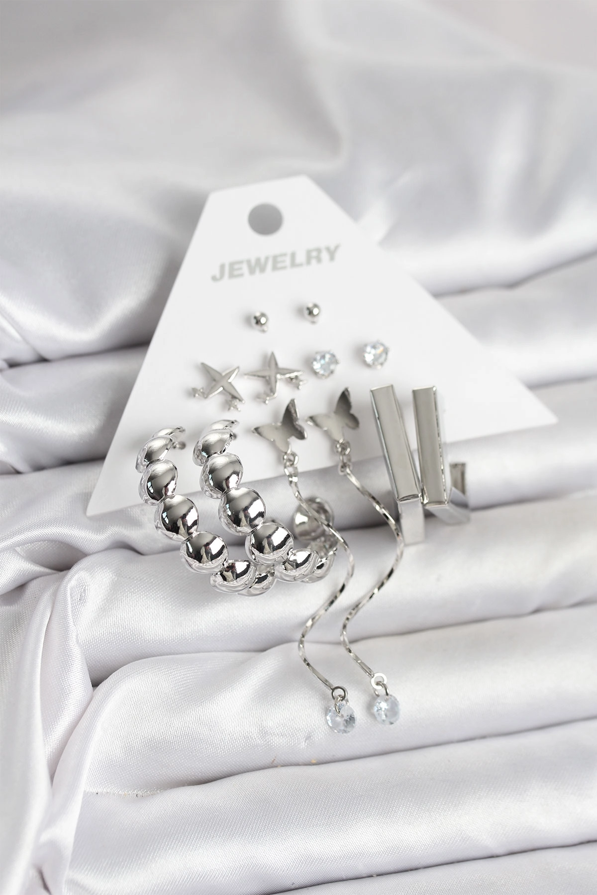 Gümüş Renk Pirinç 6'lı Kadın Küpe Seti