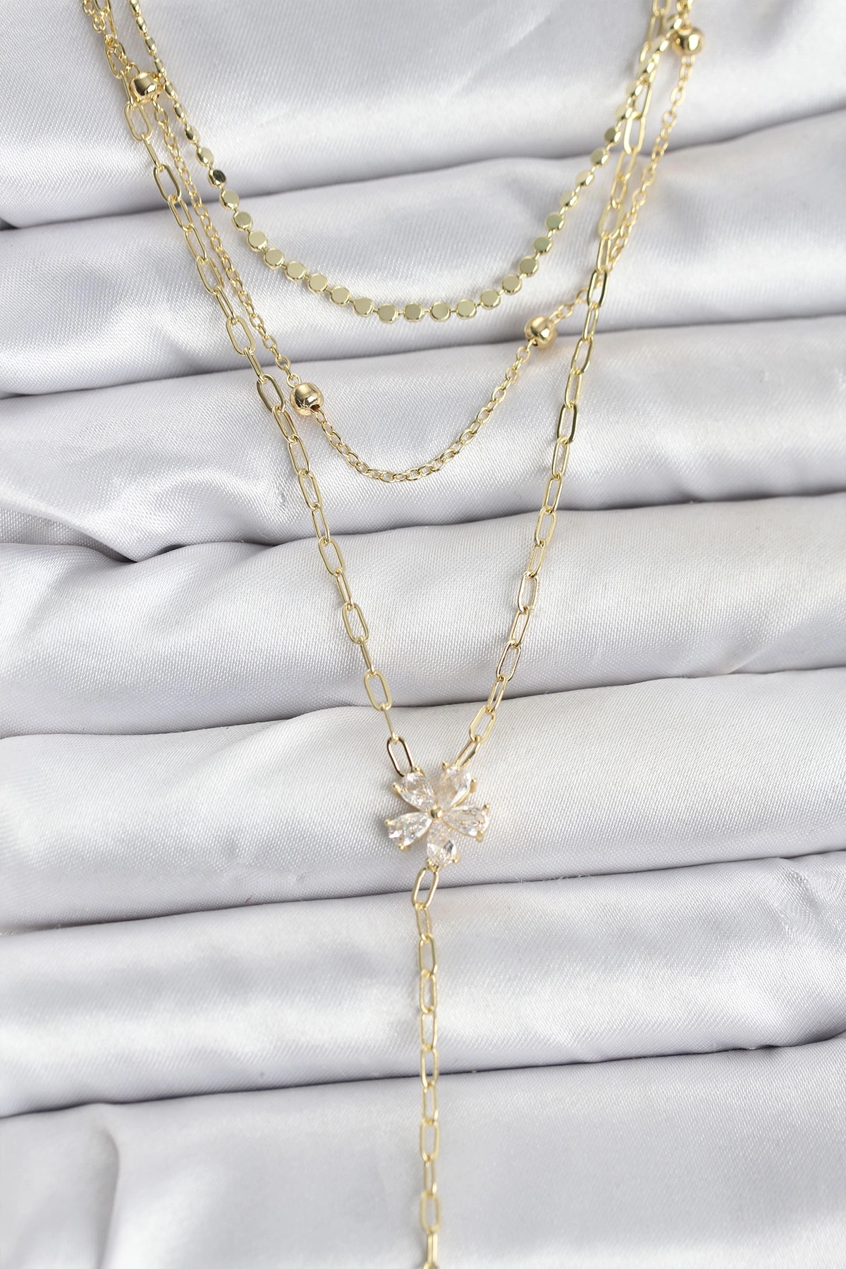 Pirinç Gold Renk Zirkon Taşlı Çiçek Model Detaylı 3'lü Kombin Y Kadın Kolye