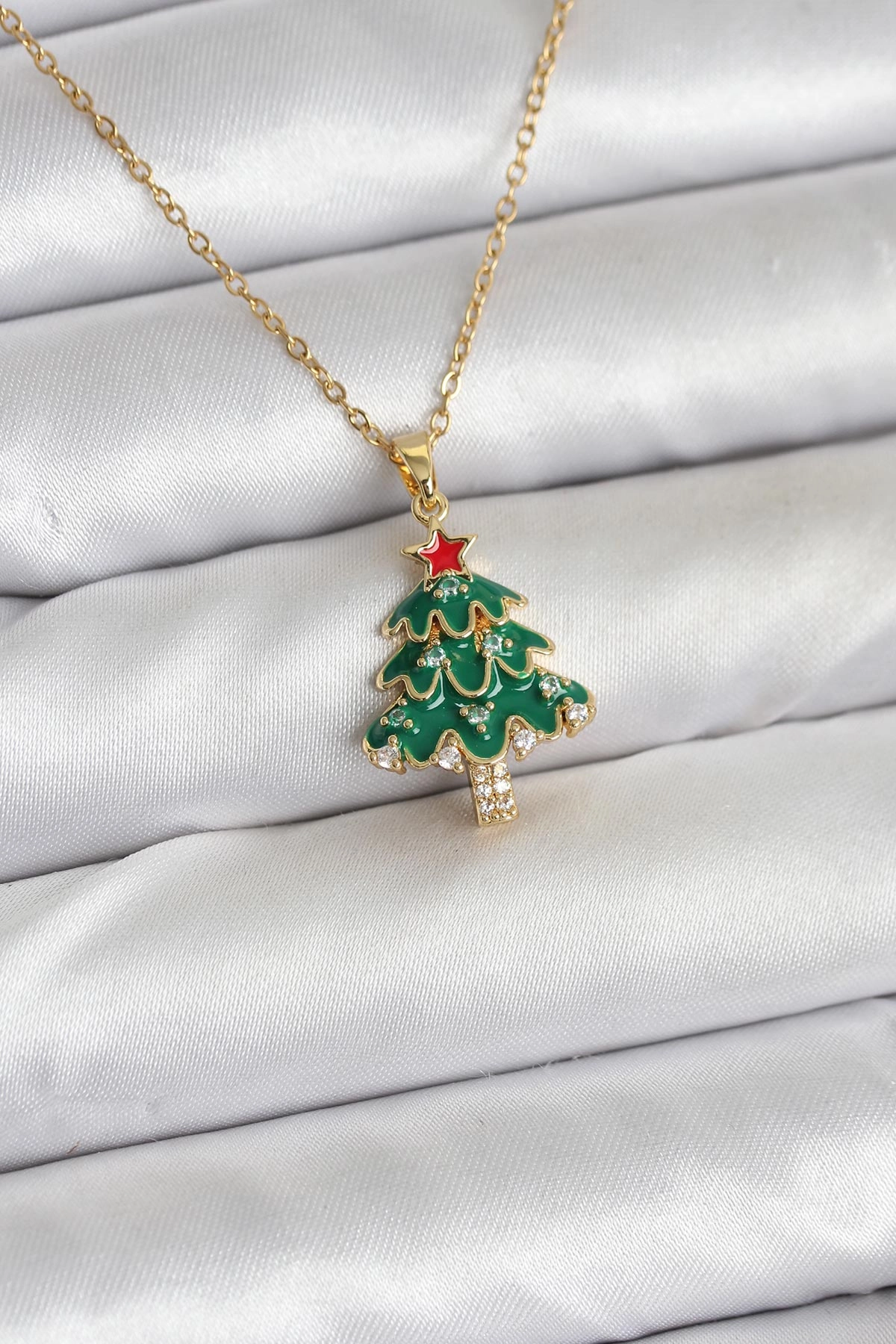 316L Çelik Zincir Gold Renk Çam Ağacı Model Yılbaşı Temalı Kadın Kolye