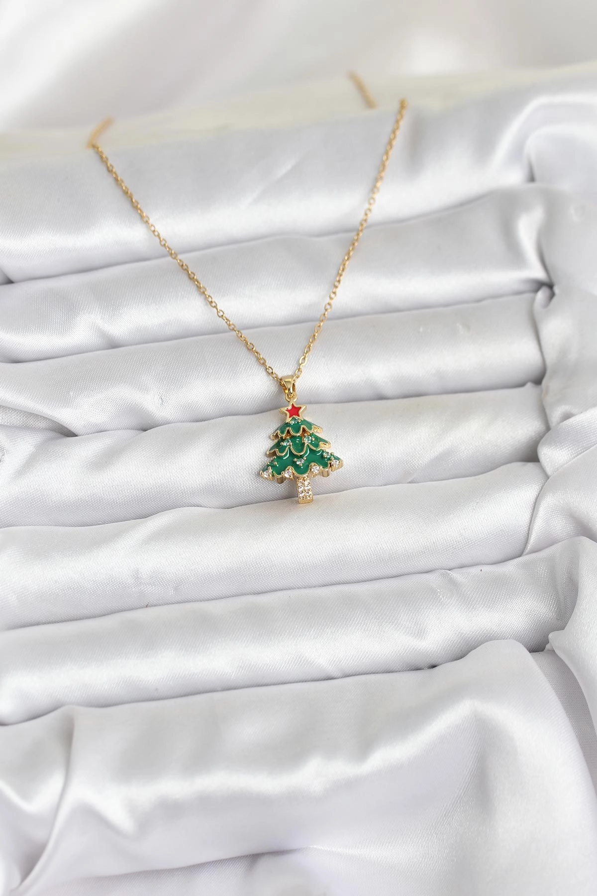 316L Çelik Zincir Gold Renk Çam Ağacı Model Yılbaşı Temalı Kadın Kolye