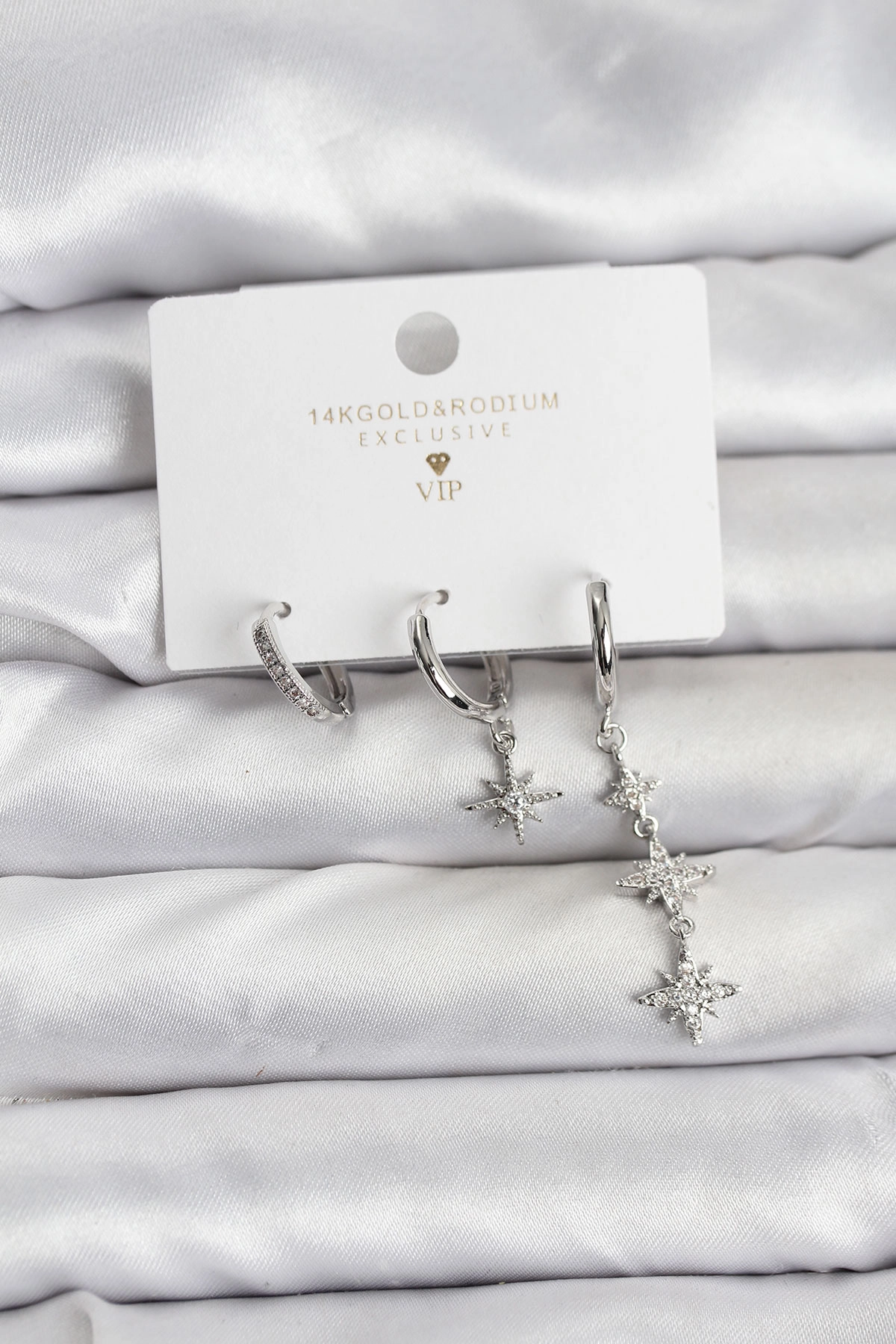 Kutup Yıldızı Model Gümüş Renk Pirinç 3'lü Kadın Küpe Seti