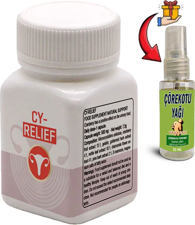 Cy-Relief: 1 Adet Amerikan Kızılcığı Ebegümeci Adaçayı C Vitamini Esktarlarıyla Erkeğe Özel Destekleme + 30 ml Çörek Otu Masaj Yağı