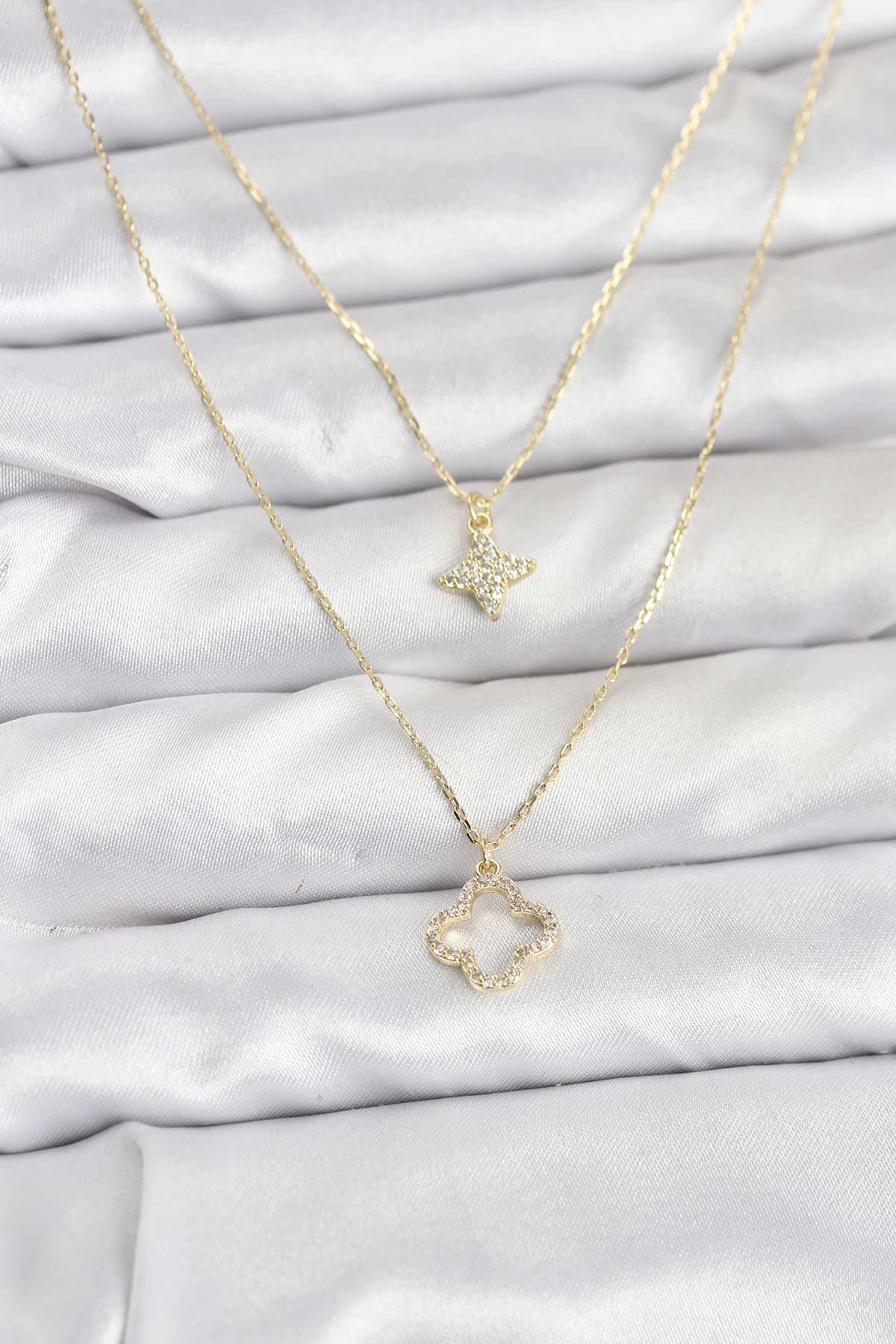 Pirinç Gold Renk Yonca Model 2'li Kadın Kolye