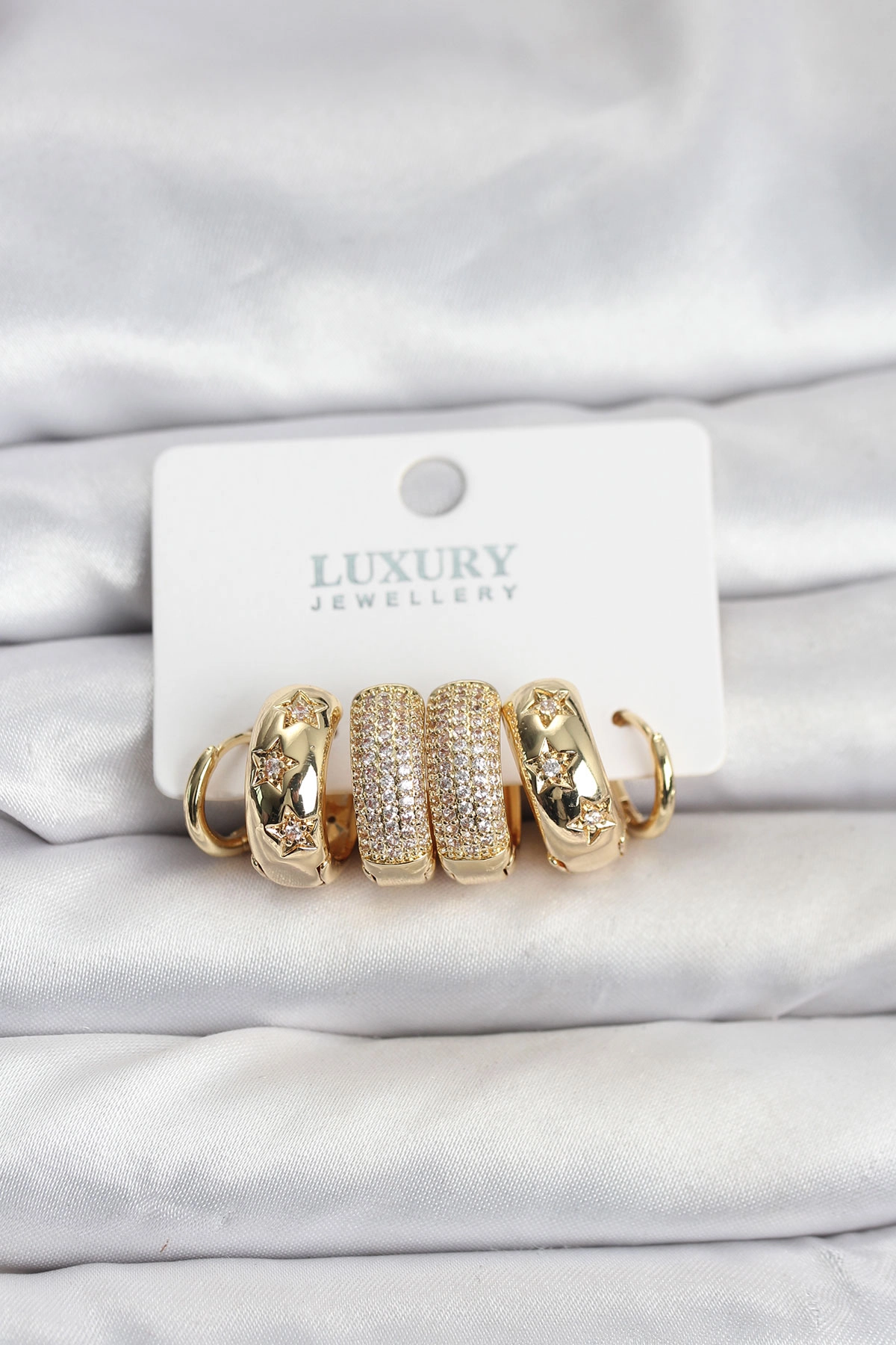 Zirkon Taşlı Pirinç Gold Renk Halka Kadın Küpe Seti