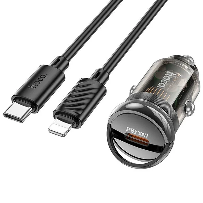 HOCO Z53 Sight Single PD30W Type-C Girişli Araç Çakmaklık Hızlı Şarj Aleti + Type-C to iPhone Lightn-(5775)