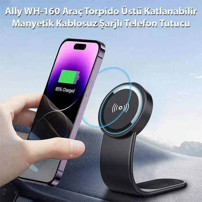 Ally WH-160 Araç Torpido Üstü Katlanabilir Manyetik Kablosuz Şarjlı Telefon Tutucu-(5775)