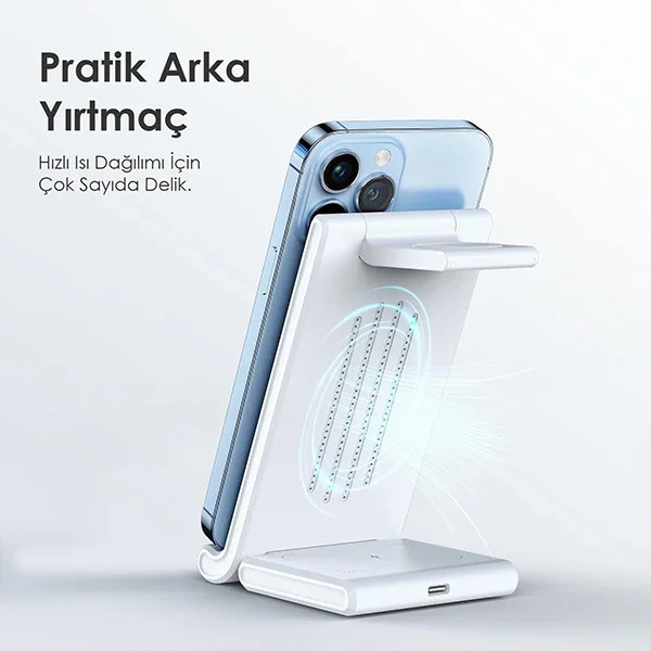 Duzzona 15W Katlanır 3 in 1 Telefon Kulaklık Saat Kablosuz Şarj Standı-(5775)