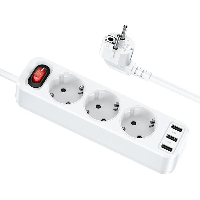 HOCO NS2 3'lü Priz 3 USB 4000W 1.8 Metre Şarj Uzatma Kablosu Akım Korumalı-(5775)