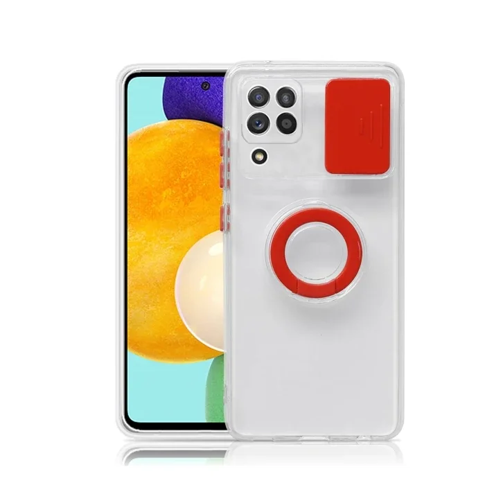 SM Galaxy A12 - M12 - F12 Kılıf Sürgülü Kamera Lens Korumalı Yüzük Standlı Silikon Kılıf-(5775)