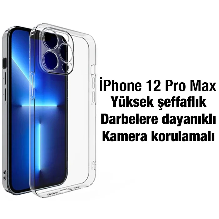 Ally iPhone 12 Pro Max 6.7inç Kılıf Kamera Korumalı Ultra İnce Şeffaf Silikon Kılıf-(5775)