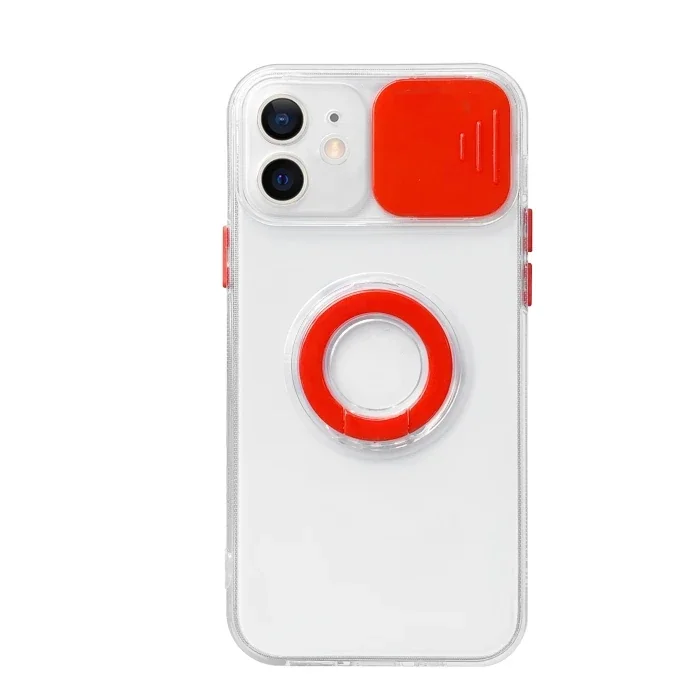 Ally iPhone 12 6.1inç Kılıf Sürgülü Kamera Lens Korumalı Yüzük Standlı Silikon Kılıf-(5775)