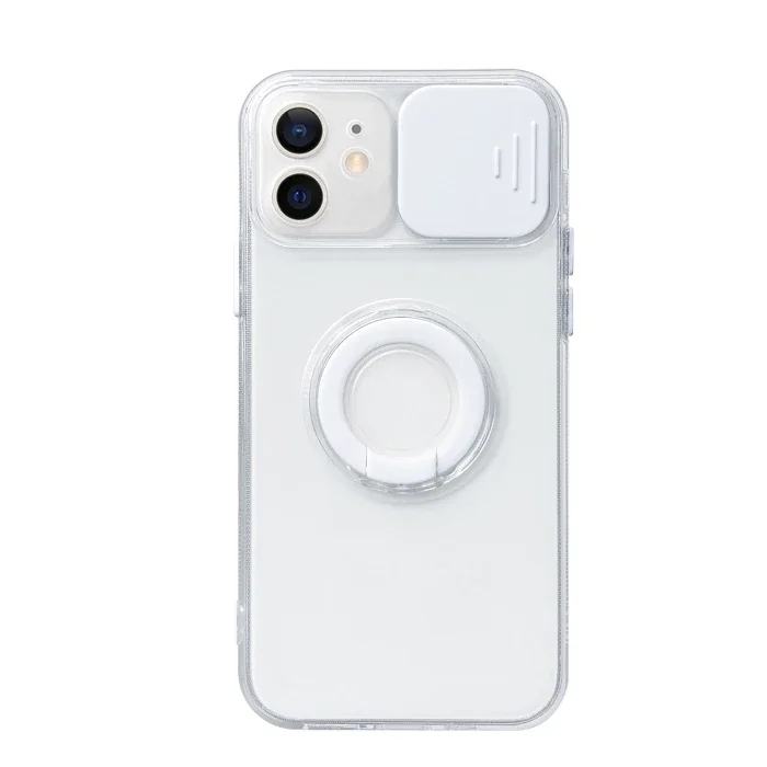 Ally iPhone 12 6.1inç Kılıf Sürgülü Kamera Lens Korumalı Yüzük Standlı Silikon Kılıf-(5775)
