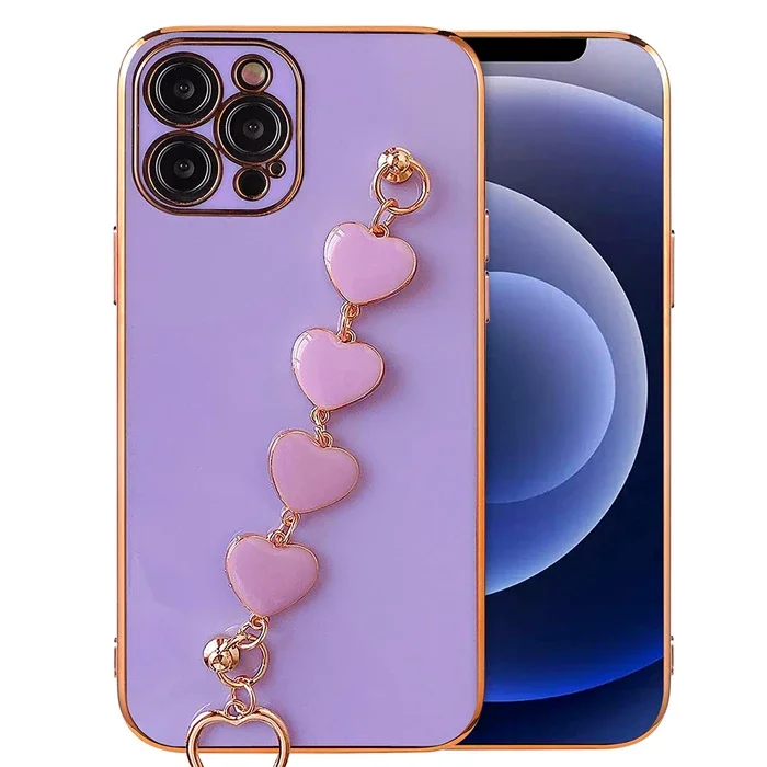 Ally iPhone 13 Pro Max 6.7inç Kılıf Kalp Bileklik Tutuculu Lüx Silikon Askılı Kılıf-(5775)