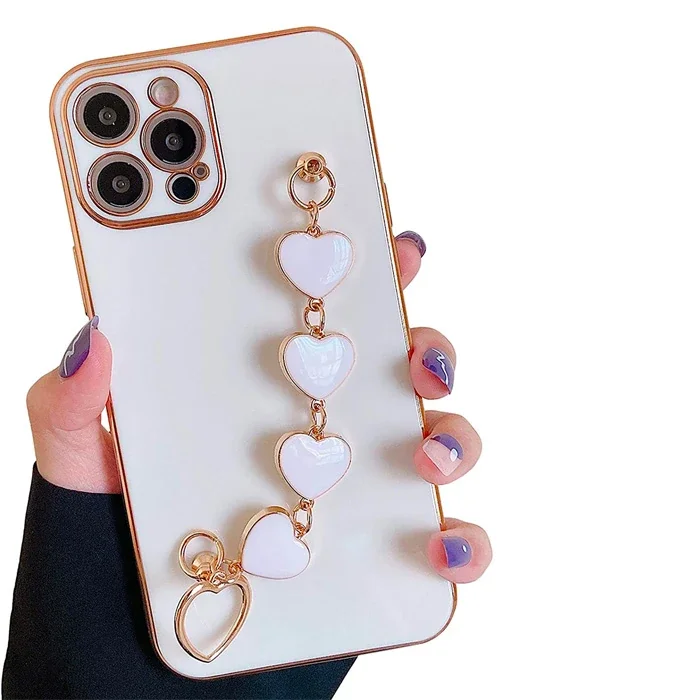 Ally iPhone 12 Pro Max 6.7inç Kılıf Kalp Bileklik Tutuculu Lüx Silikon Askılı Kılıf-(5775)