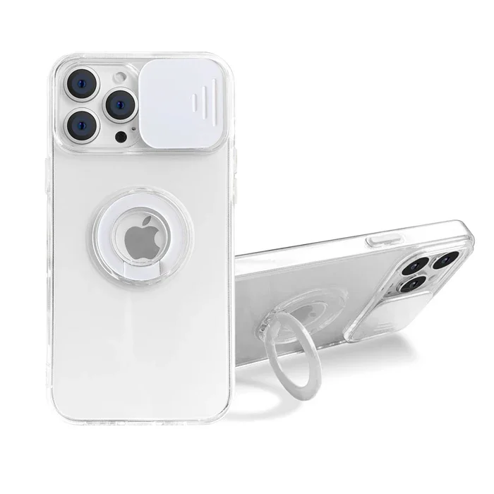 Ally iPhone 12 Pro Max Kılıf Sürgülü Kamera Lens Korumalı Yüzük Standlı Silikon Kılıf-(5775)
