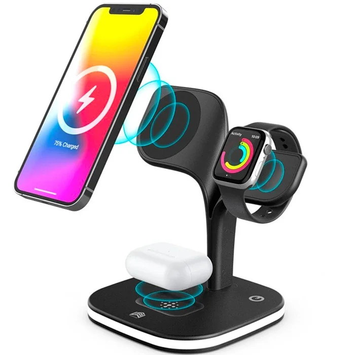 Ally 5in1 iPhone 15-14-13-12 Apple Watch Tutucu Kablosuz Şarj İstasyonu Hızlı Şarj Standı LED Işıklı-(5775)