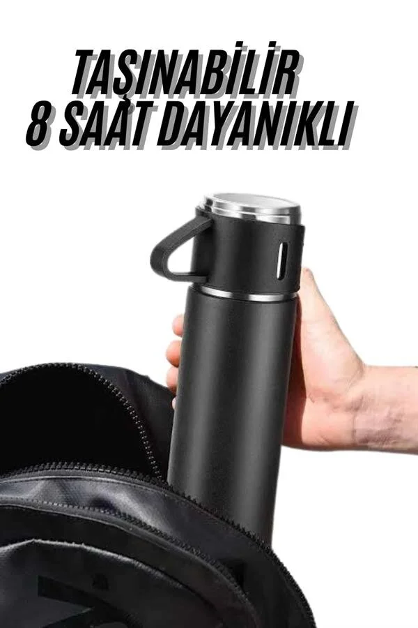Termos Seti 3'lü Bardak Seti Isı Dayanıklı Siyah Paslanmaz Çelik Vakumlu