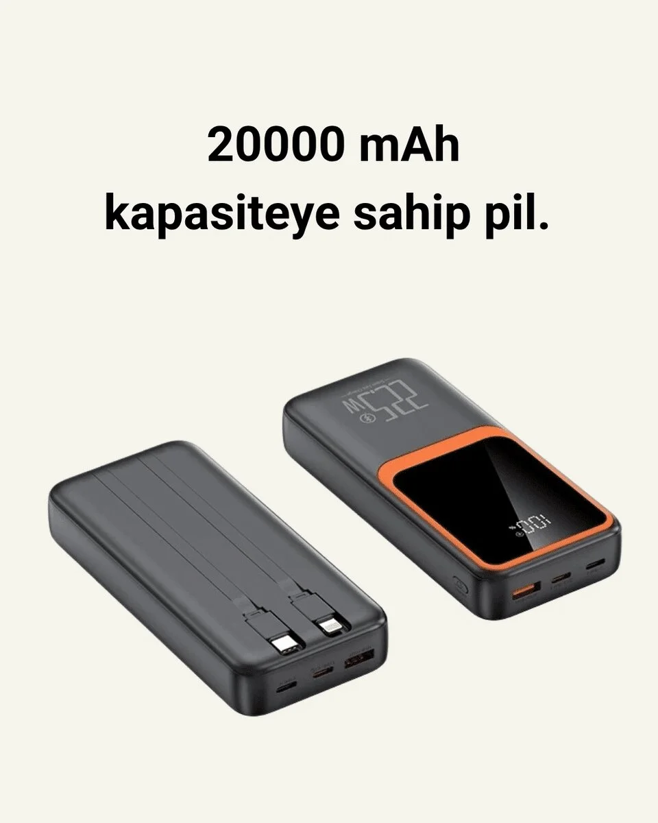 Powerbank 20000 mAh | 22.5W Hızlı Şarj Dahili Kablolu LCD Ekranlı Şarj Cihazı