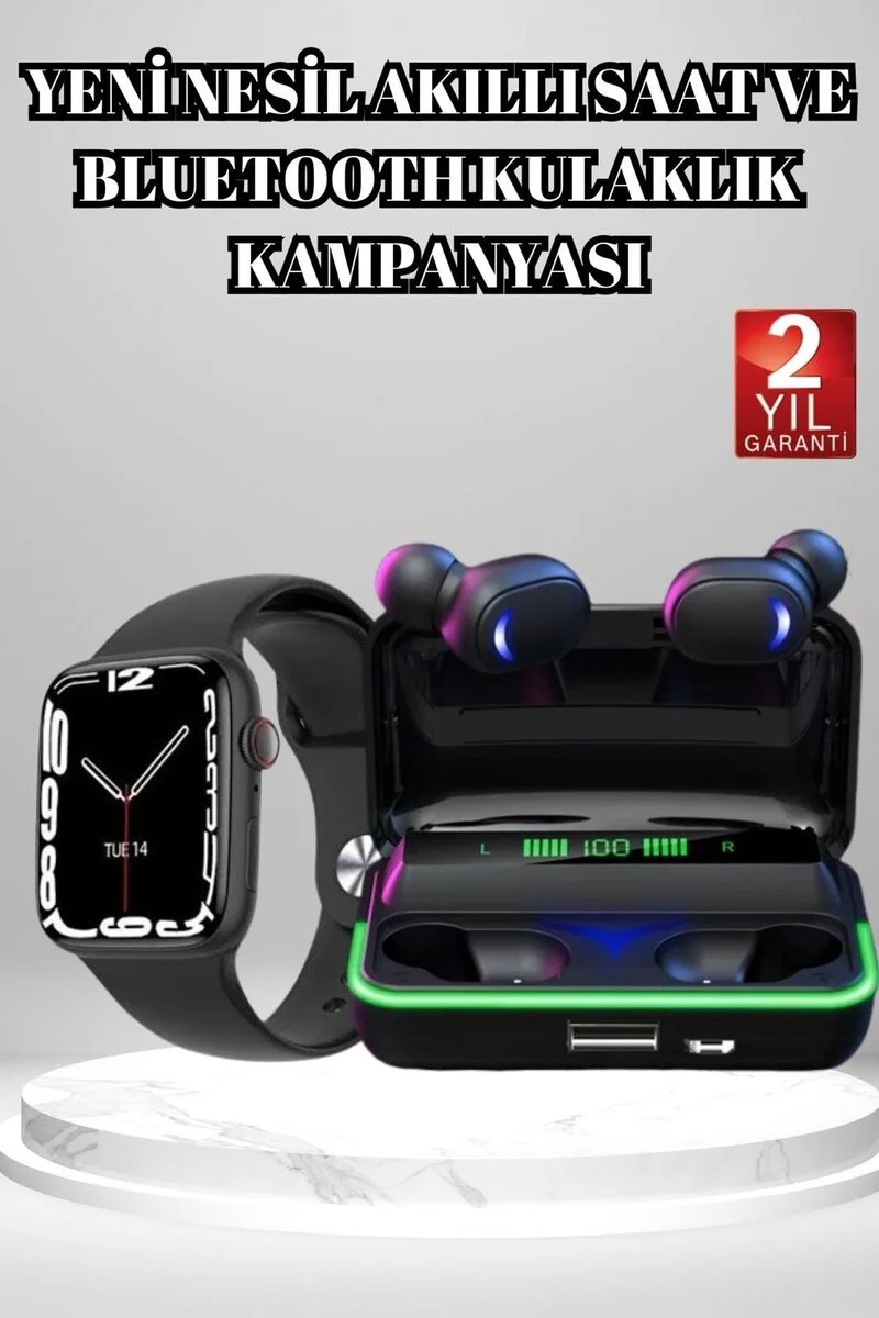 Ucuz ve Kaliteli Kulaklıklı Saat Seti Bluetooth Bağlantılı Akıllı Saat ve Kulaklık
