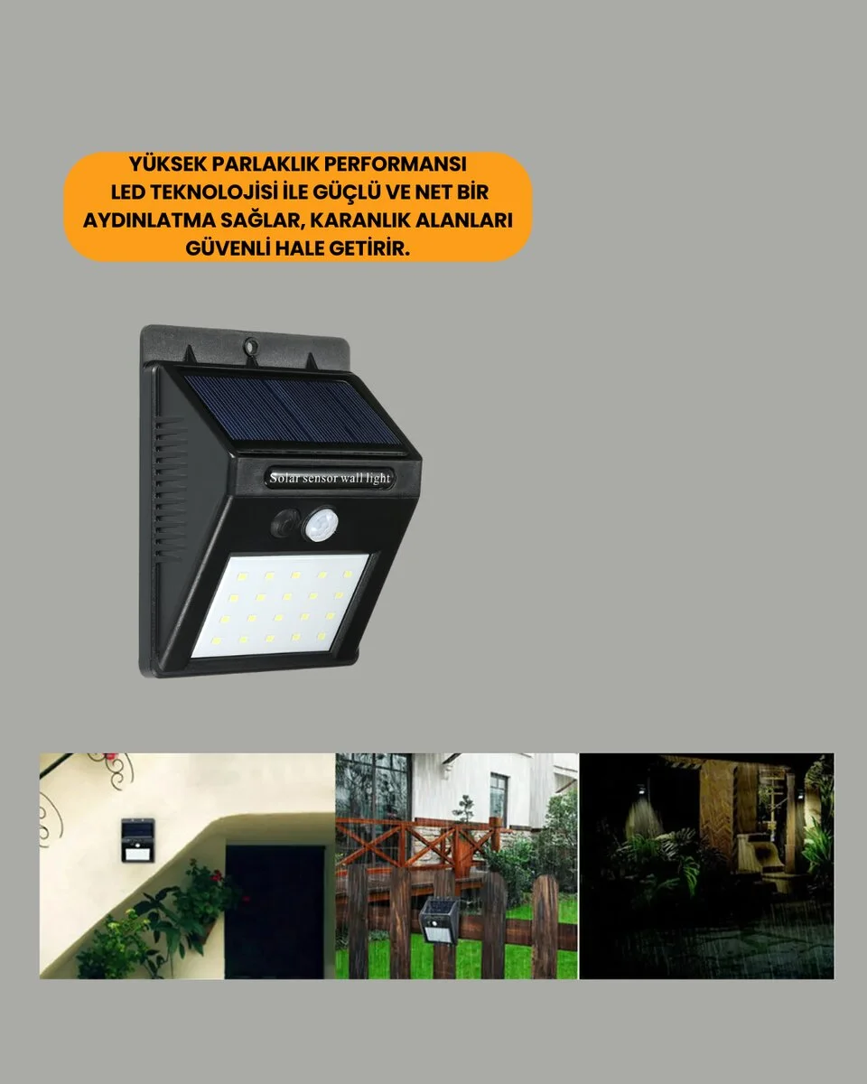 Bahçe ve Veranda İçin Güneş Paneli ile Otomatik Şarj Olan LED Duvar Lambası