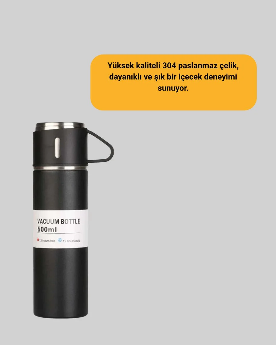 304 Çelik Termos Seti | 2 Bardaklı 500 ml Uzun Süre Isı Koruma