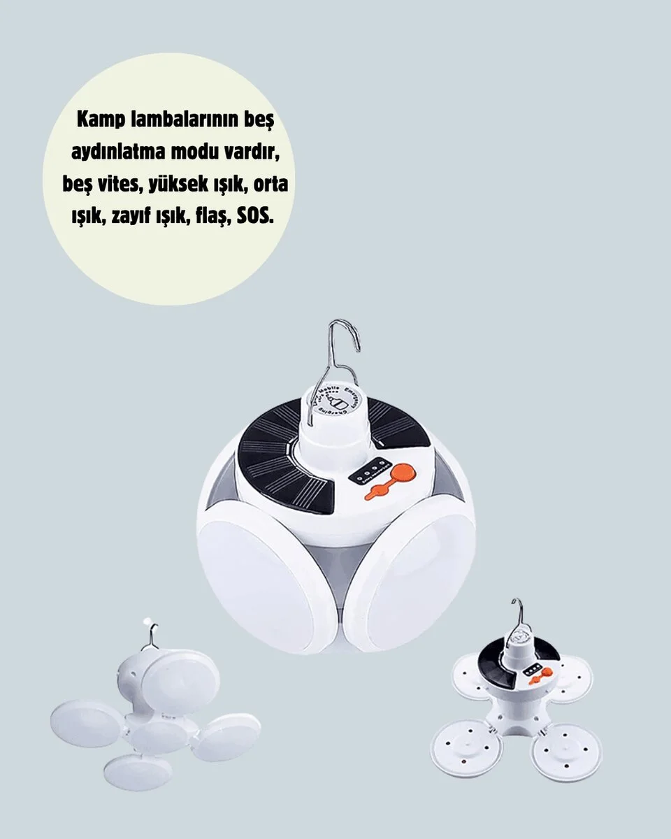 Güneş Paneliyle Şarj Olan Katlanabilir LED Çadır Lambası – 5 Kademeli Aydınlatma