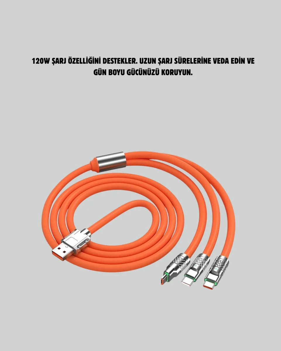 120 W Şarj ve Veri Aktarımı Kablo– 3 Başlıklı Çok Amaçlı Kablo Yüksek Hızlı