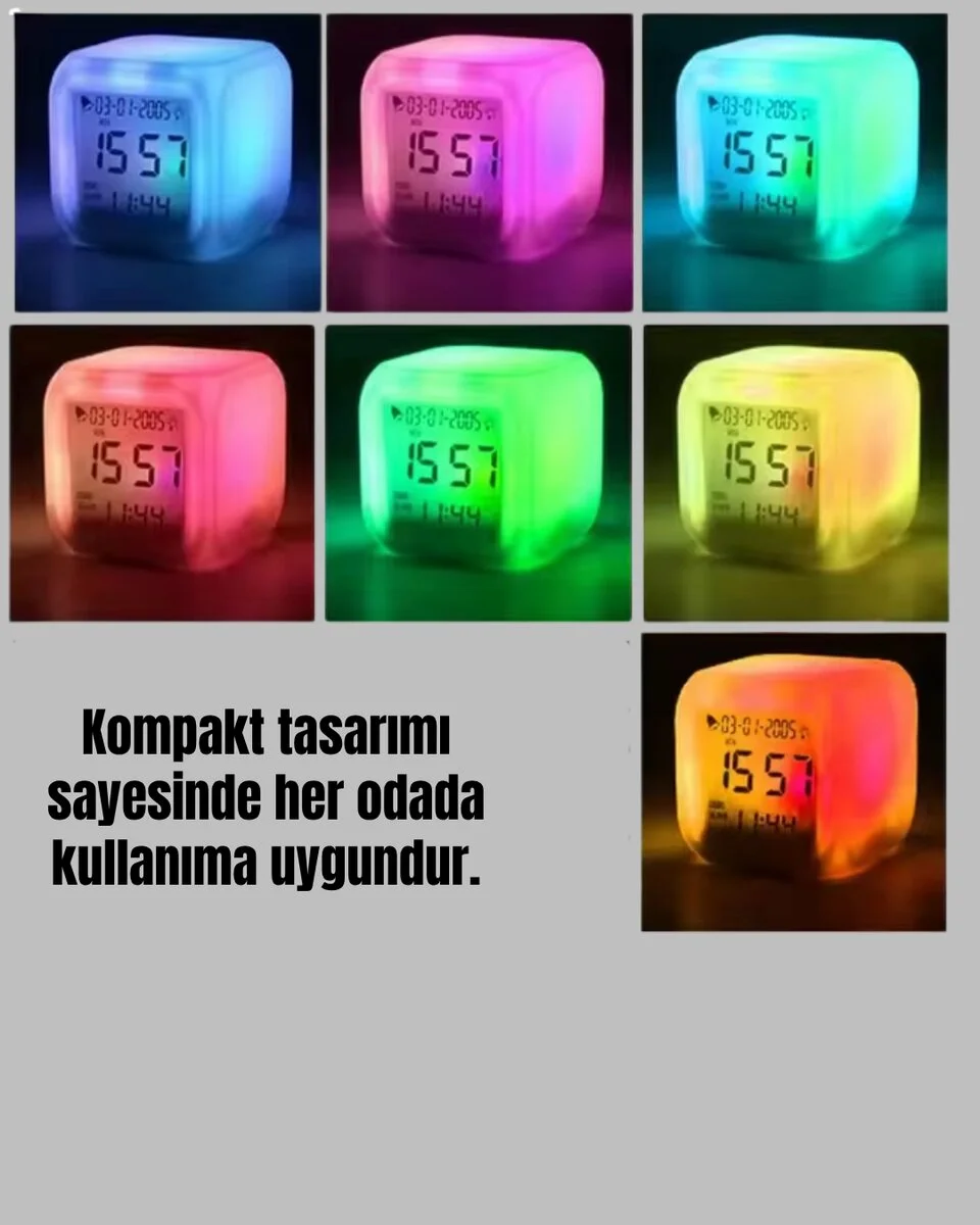 7 Renk LED Işıklı Alarmlı Dijital Küp Masa Saati Termometreli