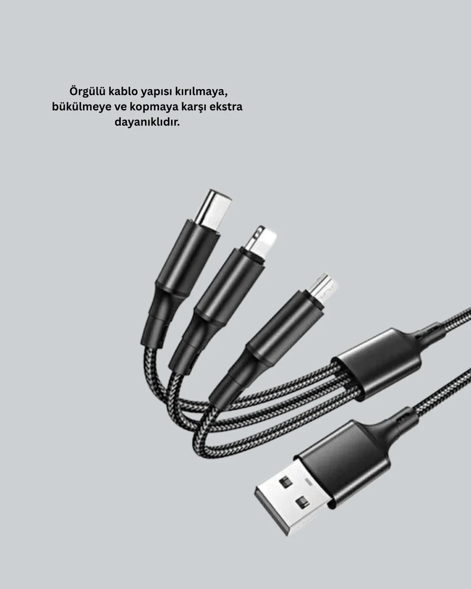 Evrensel 3 Başlıklı Şarj Kablosu – iPhone Huawei Samsung İçin