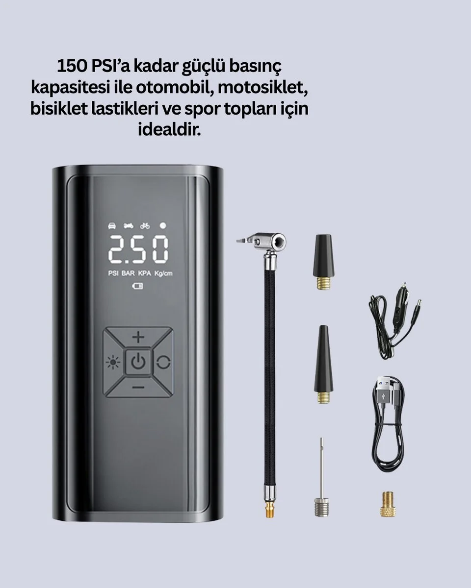 80W Kablosuz Dijital Ekranlı Taşınabilir Lastik Şişirme Pompası