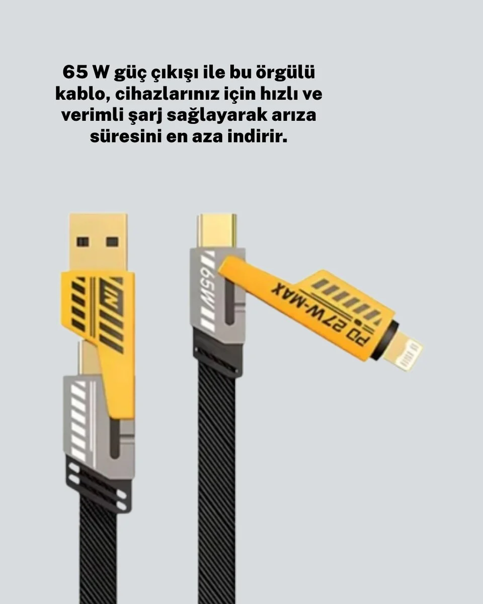 Yüksek Hızlı 65W Güç Çıkışlı Çoklu Cihaz Uyumlu Şarj Kablosu