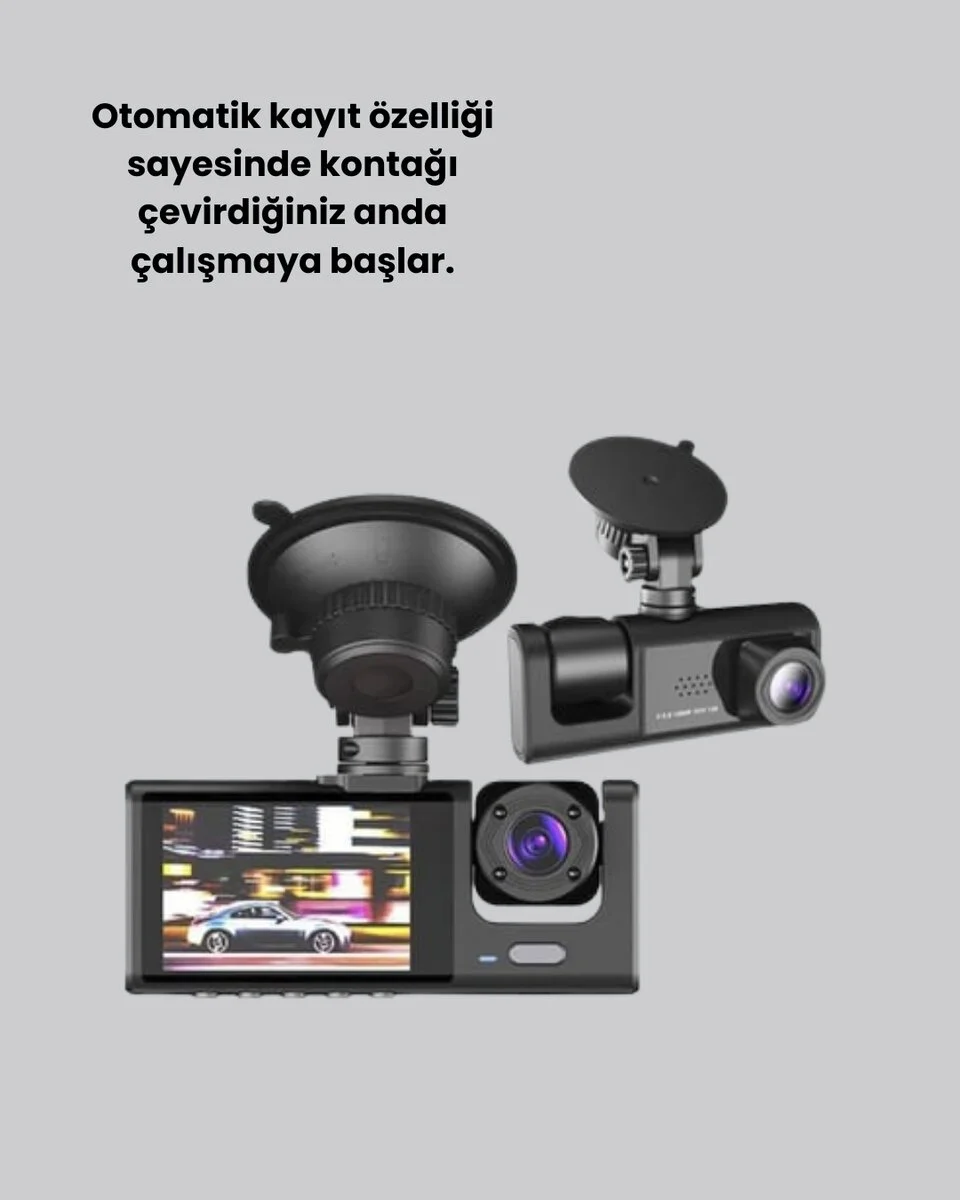 Üç Kameralı Araç Kamerası | Full HD 1080P Ön + HD İç/Arka