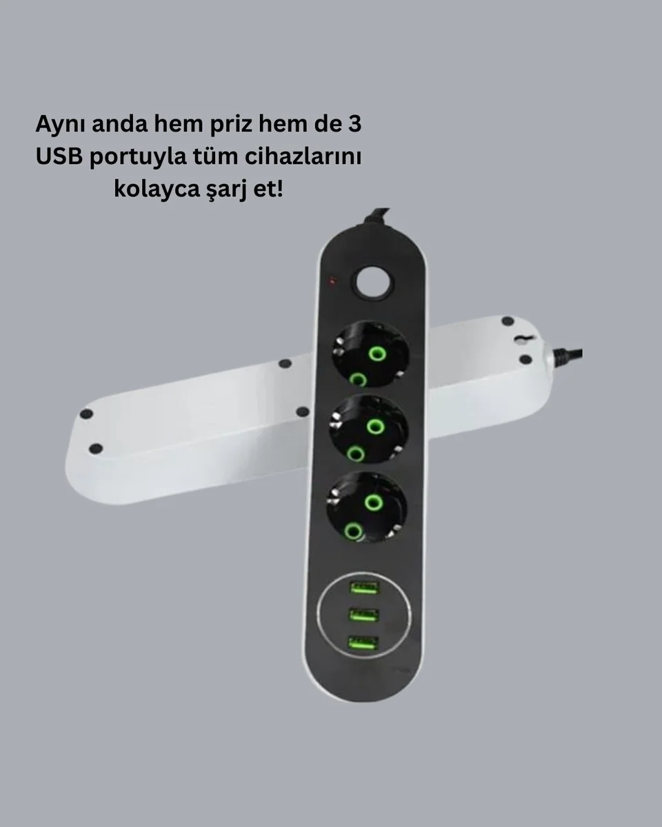 2 Metre Kablolu 3 USB Portlu Anahtarlı Üçlü Priz