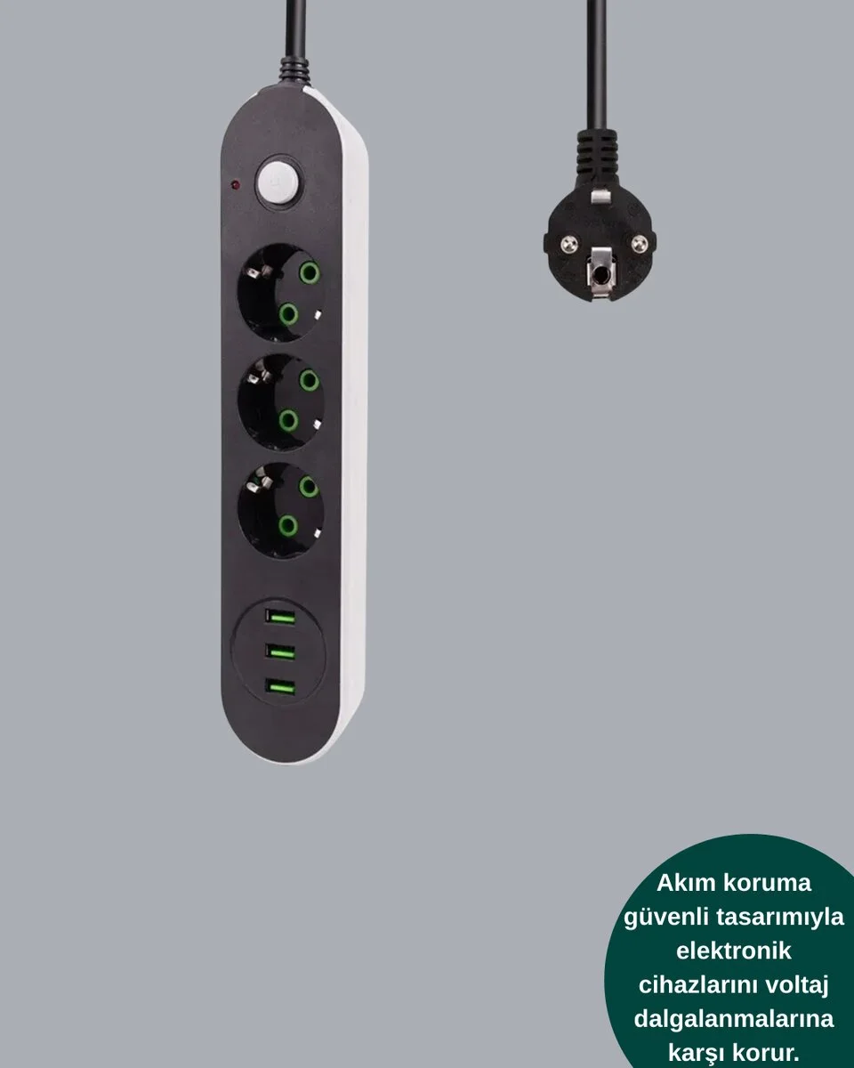 3 USB Çıkışlı Hızlı Şarjlı Anahtarlı Üçlü Priz