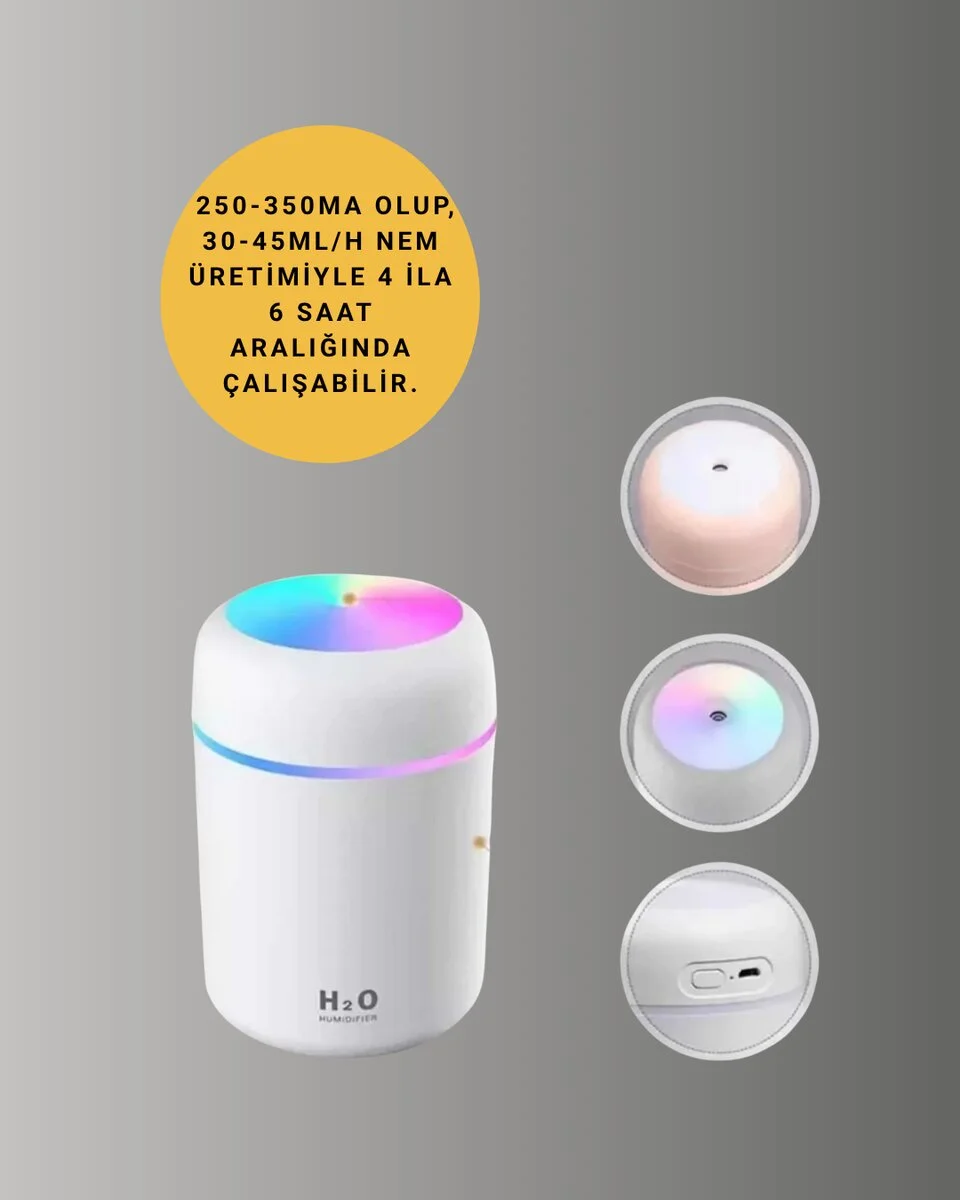ABS Gövdeli 300ml USB Nemlendirici – Beyaz Gri Pembe Renk