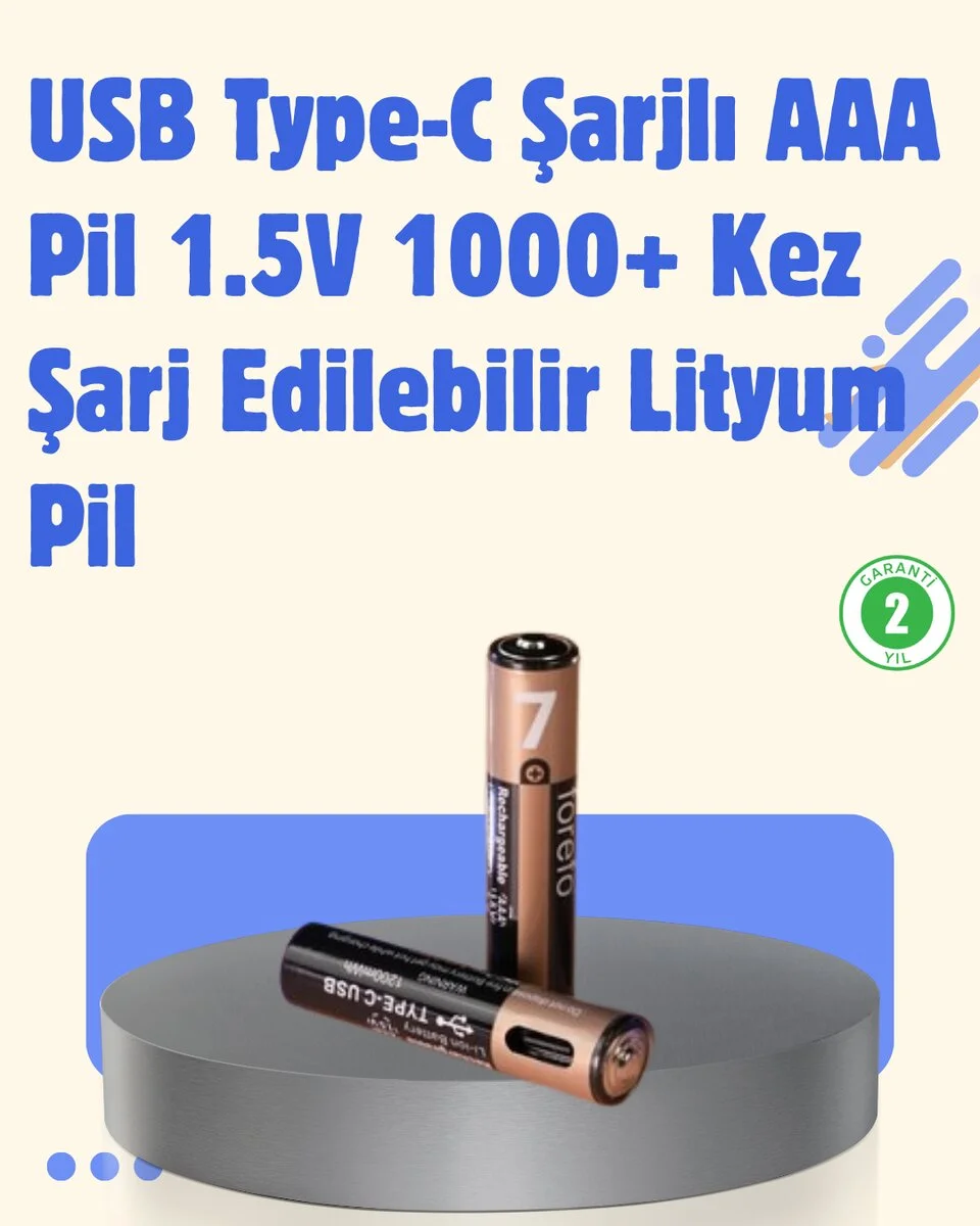 USB Type-C Şarjlı AAA Lityum Pil | 1.5V Sabit Voltaj 1000+ Şarj Döngüsü ile Uzun Ömür