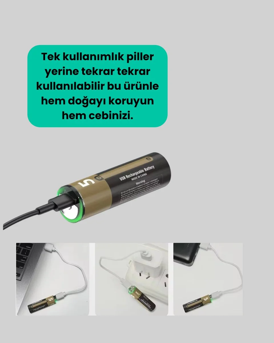 Type-C USB ile Hızlı Şarj Edilebilir AA Kalem Pil | 1.5V Lityum | Çiftli Paket