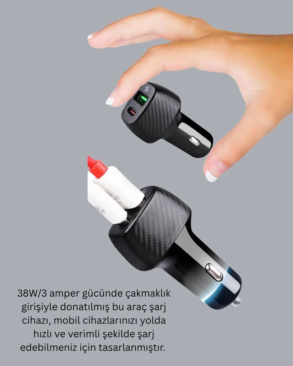 38W Çift Çıkışlı Araç Şarj Cihazı – Type-C ve USB PD Destekli