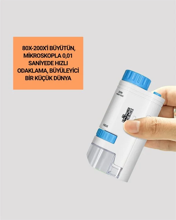 LED Aydınlatmalı 80–200 Kat Büyütmeli Cep Mikroskop