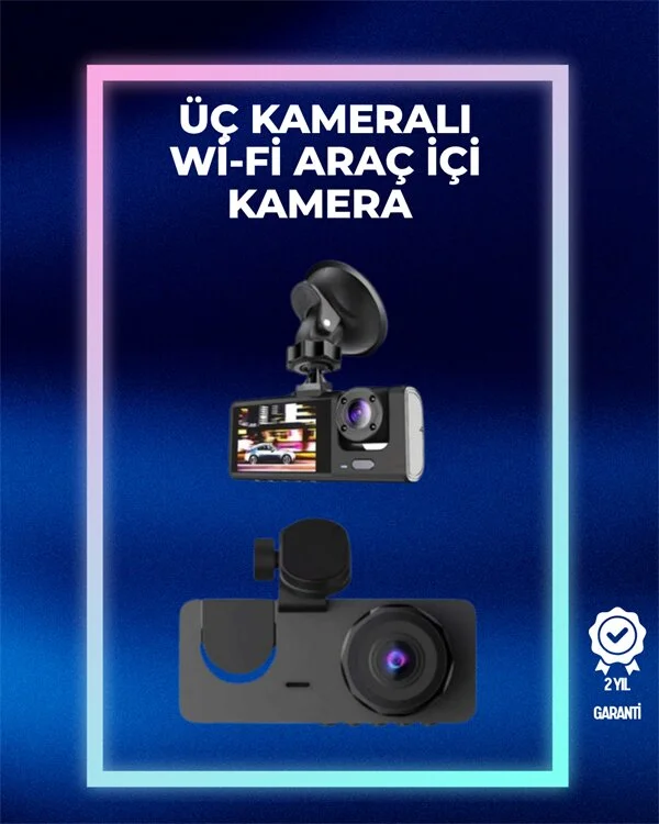 1080p Ön + 720p Arka & İç Kamera – Suya Dayanıklı Araç Güvenlik Kamerası