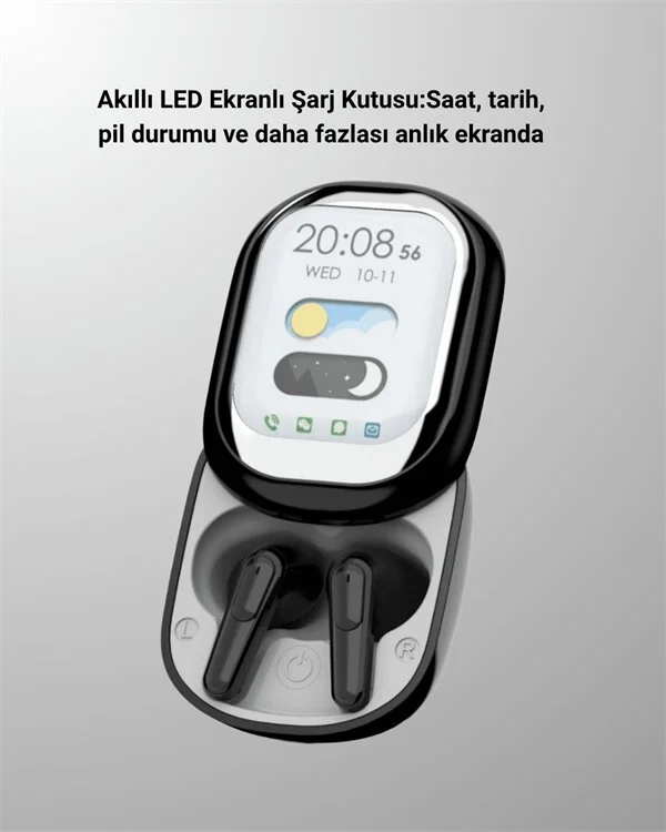 Akıllı Ekranlı Bluetooth 5.4 Kablosuz Kulaklık – Dokunmatik ve Şarj Kutulu