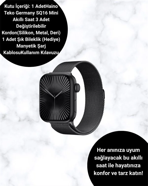 SQ-16 Mini Series 10 Akıllı Saat | Şık ve Hafif Tasarım 3 Kordon Seçeneği